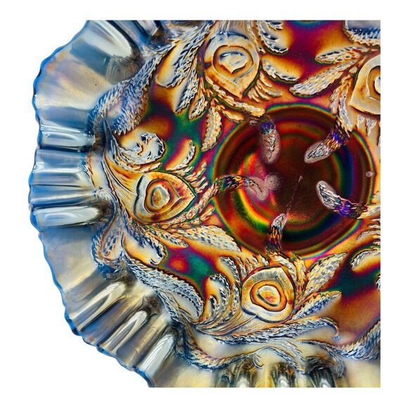 Antique Fenton Carnival Glass Heart & Vine Bowl Iridescent Ribbon Peacock Blue - Picture 3 of 10